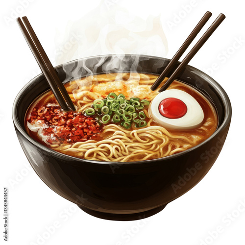 Steaming hot ramen noodles with egg, green onions, and chili in a black bowl isolated on transparent background.