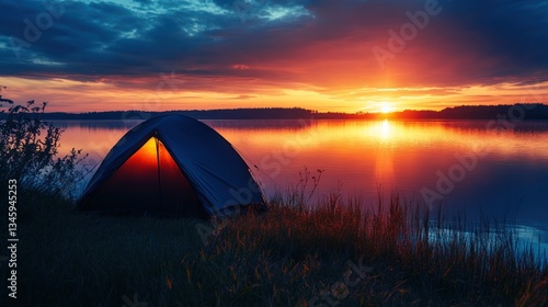 Wallpaper Mural Illuminated tent at sunset by calm lake. Torontodigital.ca