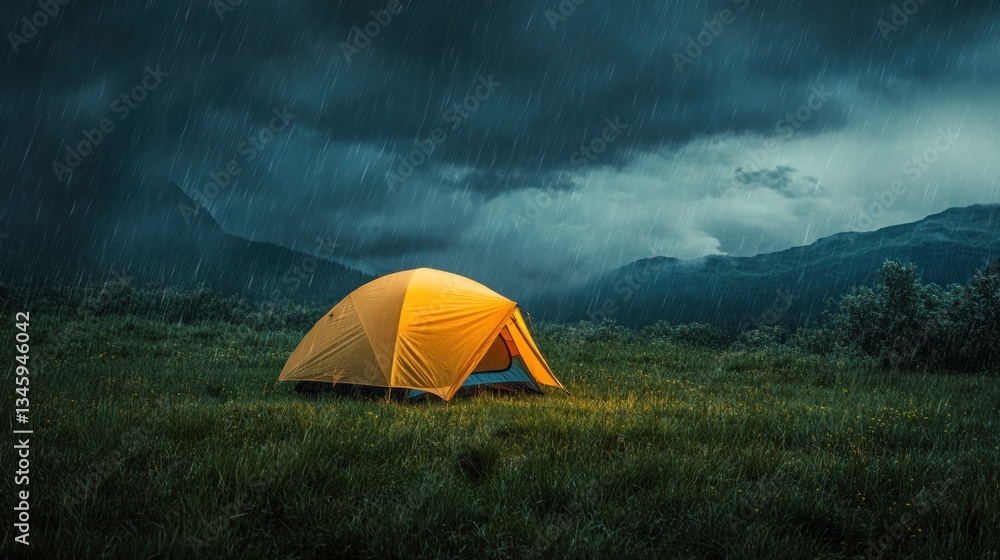 Illuminated tent in a mountain meadow during a heavy rainstorm at night. Illuminated tent in a mountain meadow during a heavy rainstorm at night.
