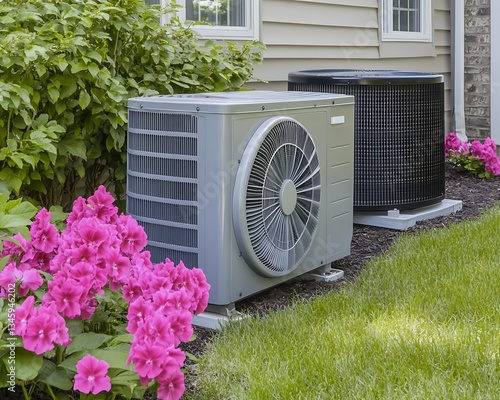 Outdoor AC Units for Suburban Home, Spring Blooms.