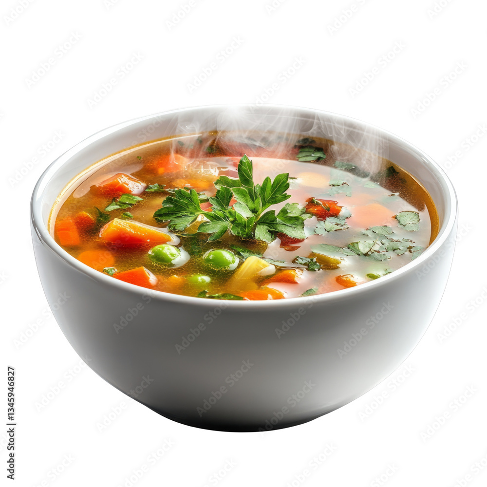 Hot steaming vegetable soup with fresh herbs in a white bowl isolated on transparent background. Hot steaming vegetable soup with fresh herbs in a white bowl isolated on transparent background.