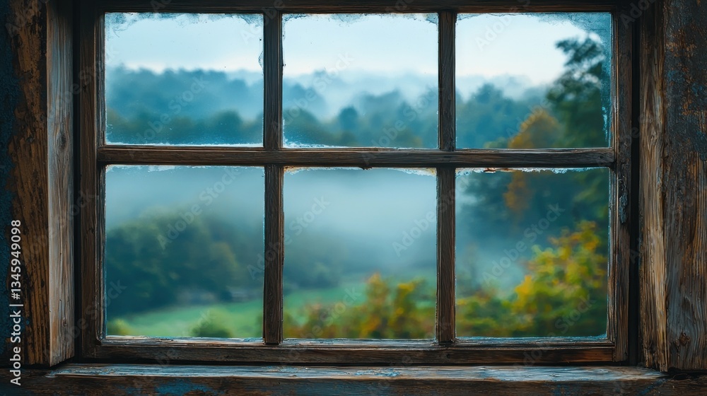 Fototapeta premium Misty Mountain View from Rustic Window