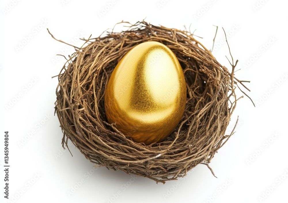 Golden Egg Nestled in a Natural Brown Twig Nest with White Background for Concepts of Wealth, Prosperity, and Symbolism of Good Fortune and Opportunity Golden Egg Nestled in a Natural Brown Twig Nest with White Background for Concepts of Wealth, Prosperity, and Symbolism of Good Fortune and Opportunity