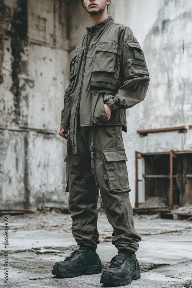 A person standing in a dilapidated structure, dressed in casual attire A person standing in a dilapidated structure, dressed in casual attire