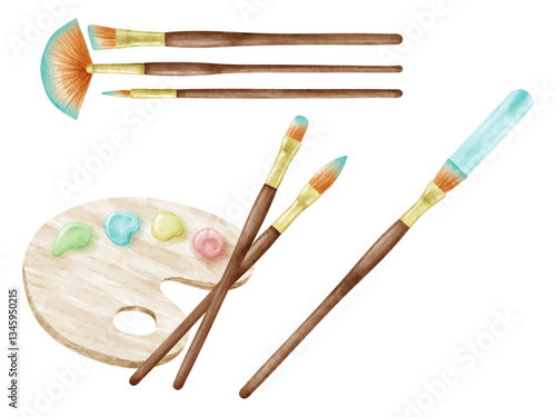 絵の具の筆とパレットのイラストセット