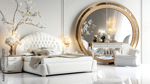 Luxury White Bedroom Interior Design with Large Gold Mirror