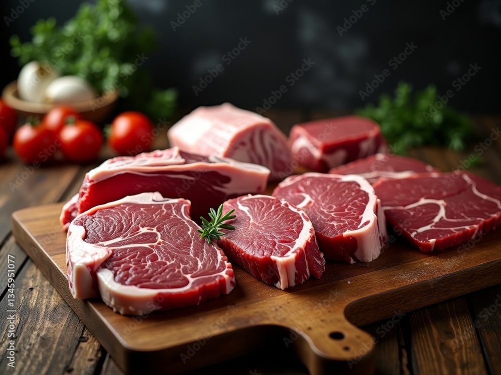 A raw steak, sliced and arranged on a wooden cutting board A raw steak, sliced and arranged on a wooden cutting board