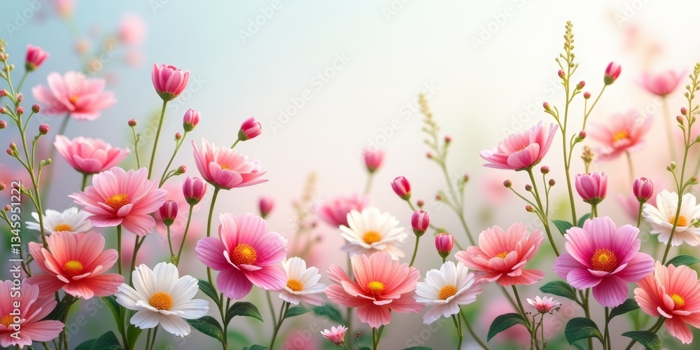 A field of delicate, pink and white flowers with green stems and yellow centers A field of delicate, pink and white flowers with green stems and yellow centers