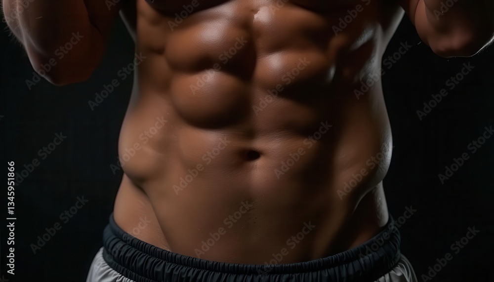 Fototapeta premium Close-up of a muscular male torso showcasing defined abs against a dark background, 3D render.
