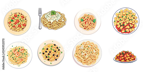 Vsai delicious italian pasta dishes served on plates, overhead view