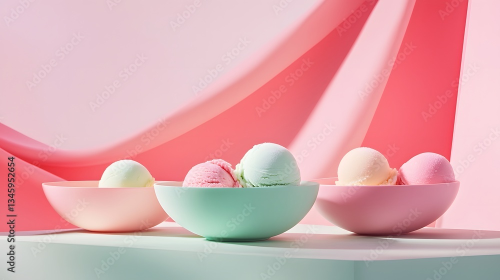 Fototapeta premium 96. A whimsical display of ice cream scoops in pastel-colored bowls on a gradient backdrop