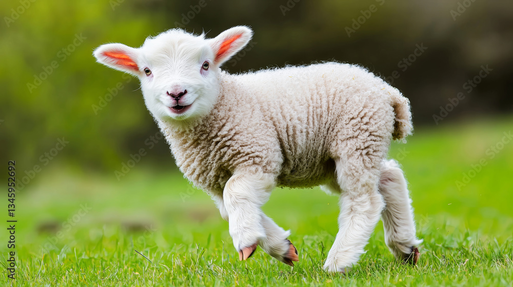 Obraz premium Fluffy lamb frolicking happily in field, so adorable and brimming with joy