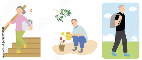 膝の調子が良く、毎日を楽しむアクティブなシニアのイラストセット