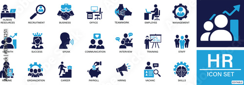 human resources icon set featuring recruitment, employee, management, resume, interview, onboarding, payroll, and hr workflow symbols for business design.