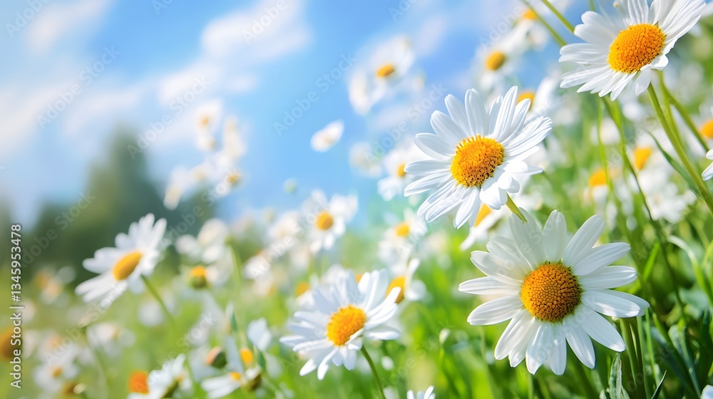 Fototapeta premium White daisies blooming in spring meadow under blue sky
