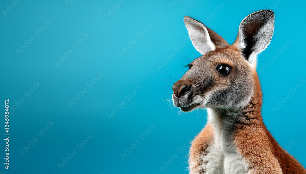 Fototapeta premium A striking portrait of a young kangaroo, captured in profile against a solid blue background.