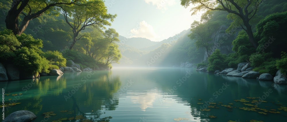 Fototapeta premium Serene lake scene, surrounded by lush greenery and majestic mountains