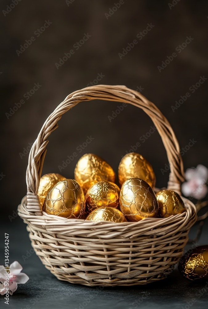 Golden Eggs in Woven Basket Surrounded by Delicate Floral Accents for Celebratory and Festive Themes in Elegant Settings Golden Eggs in Woven Basket Surrounded by Delicate Floral Accents for Celebratory and Festive Themes in Elegant Settings