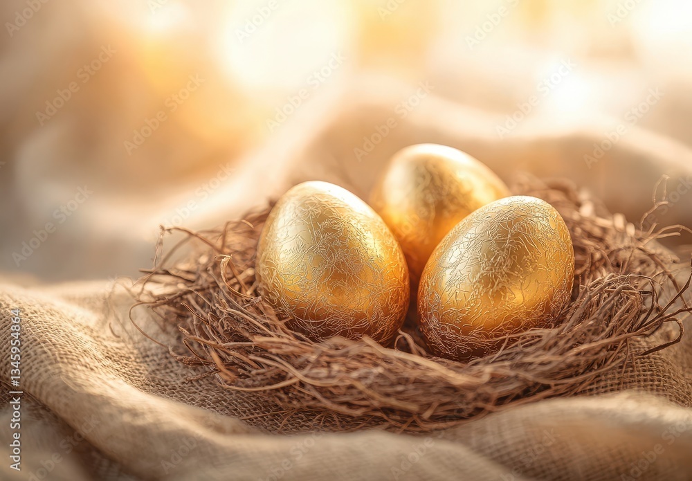 Golden Eggs Nesting in a Natural Rustic Setting with Soft Light Illuminating the Scene, Symbolizing Wealth and Prosperity in Springtime Golden Eggs Nesting in a Natural Rustic Setting with Soft Light Illuminating the Scene, Symbolizing Wealth and Prosperity in Springtime