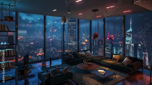Futuristic City Nightscape Viewed from Luxurious Apartment