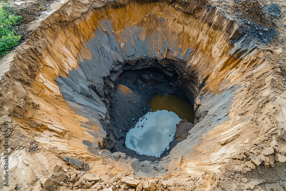 custom made wallpaper toronto digitalDeep excavation hole showcasing layers of soil and water, surrounded by earthy terrain and vegetation under clear sky during daylight