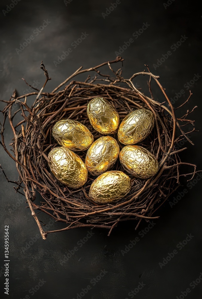 Golden Foil Eggs Nestled in a Twisted Brown Nest on a Dark Background Highlighting Themes of Easter, Spring, Abundance, and Celebration Golden Foil Eggs Nestled in a Twisted Brown Nest on a Dark Background Highlighting Themes of Easter, Spring, Abundance, and Celebration