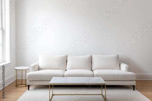 bright room featuring sofa and coffee table exudes feeling of calm