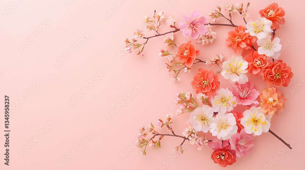 Fototapeta premium Close Up of a Floral Branch with Mixed Color Blossoms on a Pink Background with Soft Lighting