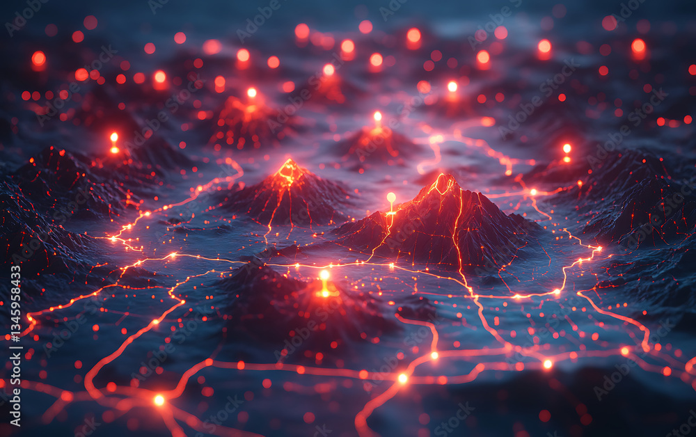 Fototapeta premium 3D Virtual Map Interface with Geolocation Data and Red Pins