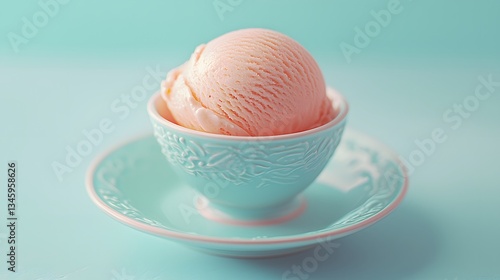 37. A scoop of pink grapefruit ice cream resting on a pastel blue saucer with soft lighting