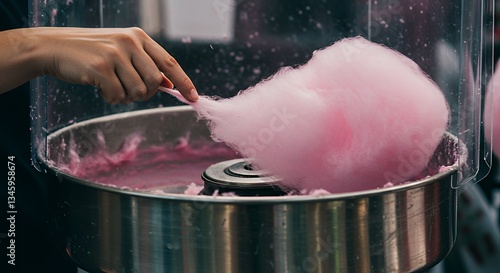 Making Pink Cotton Candy with Machine at Fair or Carnival