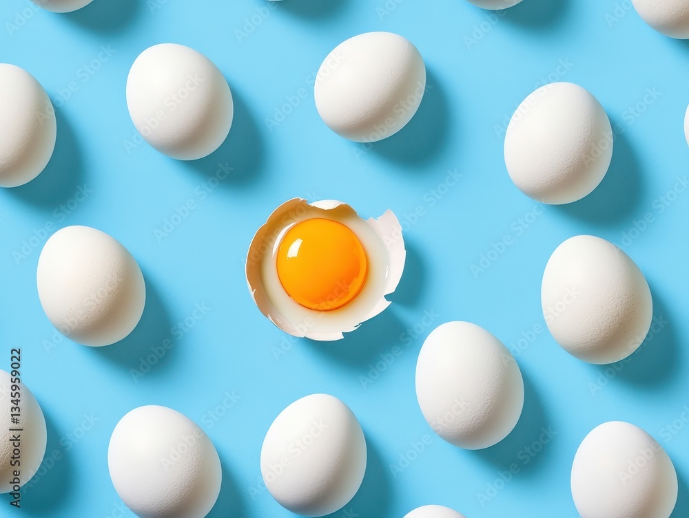 Isolated White Eggs on Light Blue Background with One Open Egg Shell and Yellow Yolks Showcasing Freshness and Healthy Breakfast Choices Isolated White Eggs on Light Blue Background with One Open Egg Shell and Yellow Yolks Showcasing Freshness and Healthy Breakfast Choices