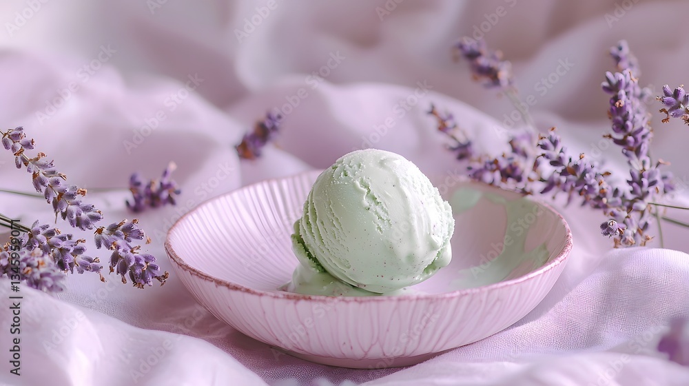 Fototapeta premium 40. A creamy pistachio ice cream scoop resting on a pastel lavender dish