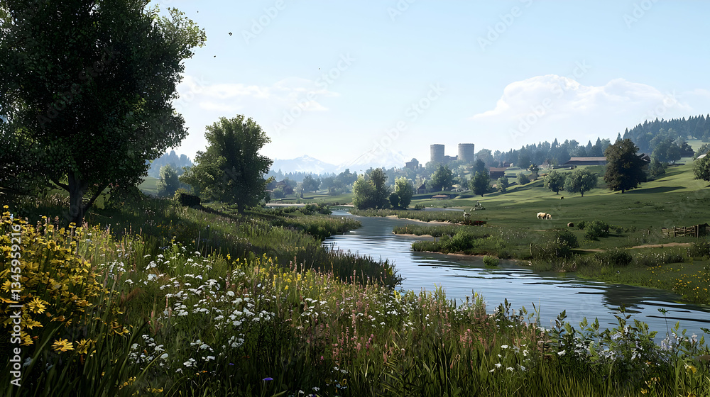 Obraz premium Scenic River Flowing Through A Lush Green Meadow Under A Clear Blue Sky With Trees And Flowers