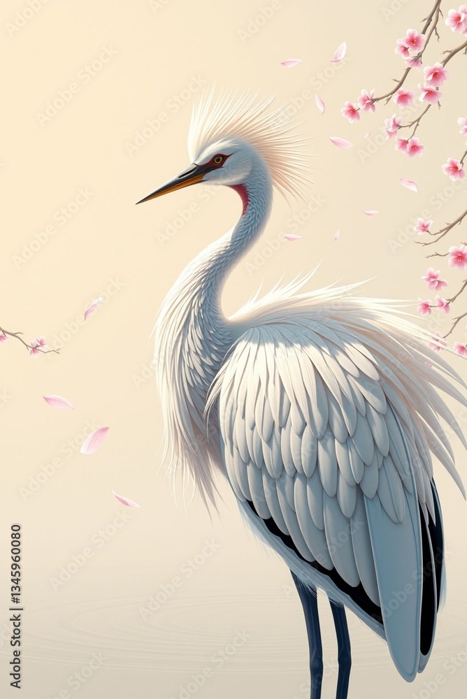 Elegant crane amidst cherry blossoms against a soft background Elegant crane amidst cherry blossoms against a soft background