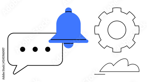 Bell for notifications, speech bubble for messaging, gear for settings, and cloud for storage integration. Ideal for alerts, communication, customization, technology, backend workflow cloud