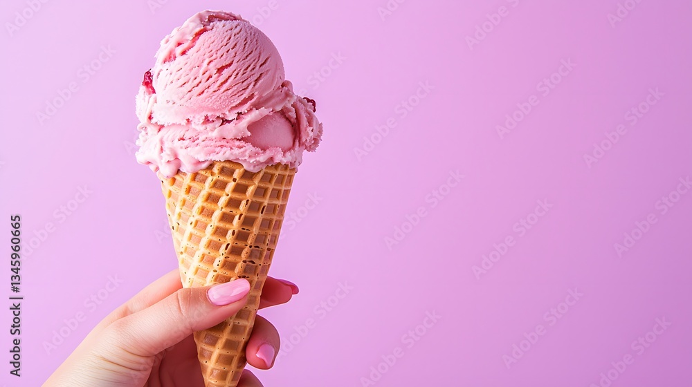 51. A cone of vibrant raspberry ice cream held against a pastel purple background 51. A cone of vibrant raspberry ice cream held against a pastel purple background
