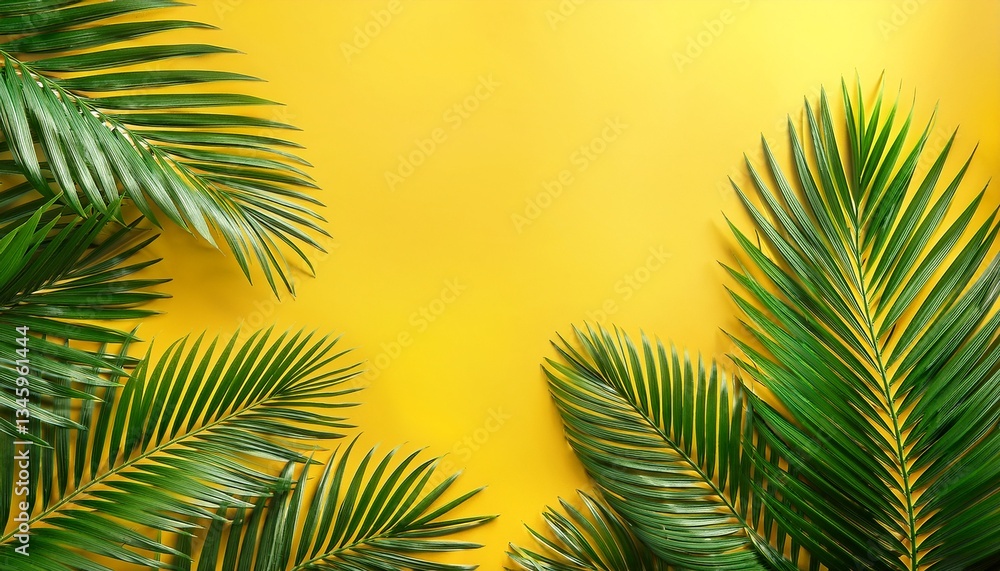 Fototapeta premium green palm fond on yellow tropical background