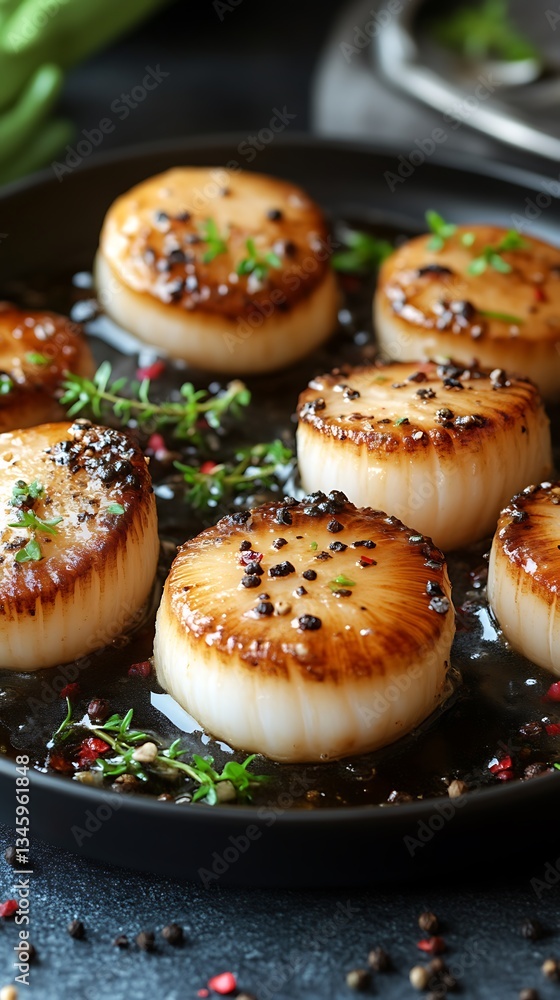 Seared Scallops in Pan for Gourmet Dinner. Seared Scallops in Pan for Gourmet Dinner.
