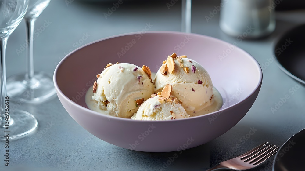 67. A pastel purple dish with scoops of creamy pistachio ice cream topped with almonds 67. A pastel purple dish with scoops of creamy pistachio ice cream topped with almonds