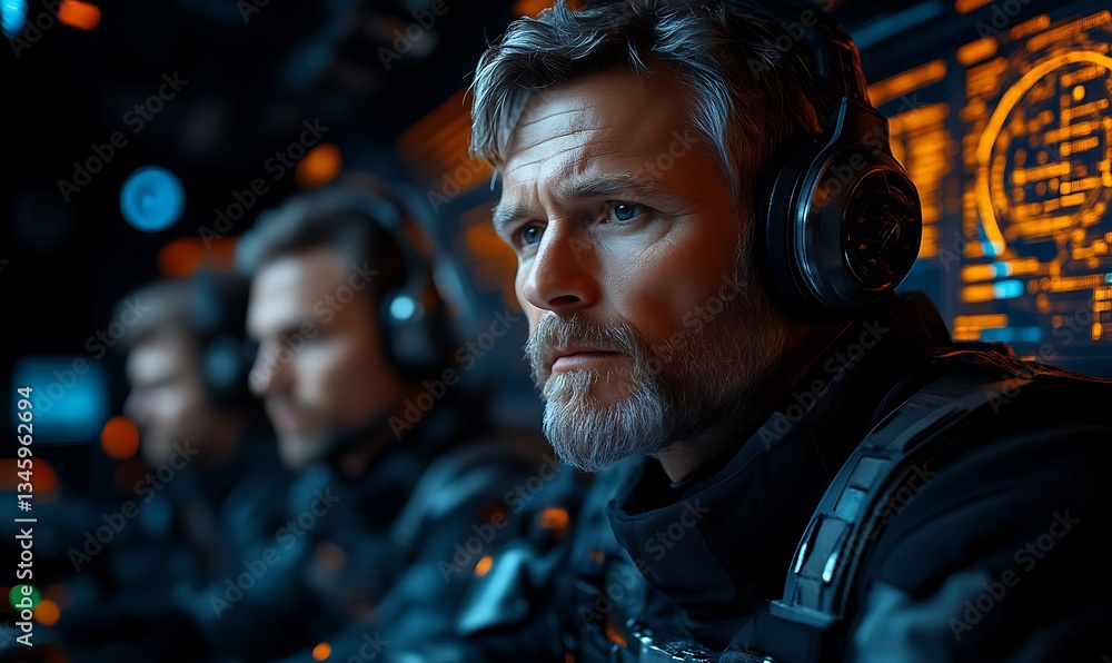 Focused pilot with crew in cockpit. Focused pilot with crew in cockpit.