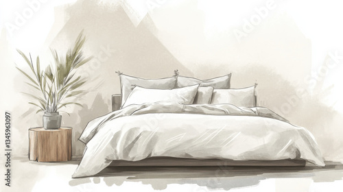 A modern, elegant bedroom featuring a sleek upholstered bed in a muted taupe shade, layered with crisp white and gray bedding