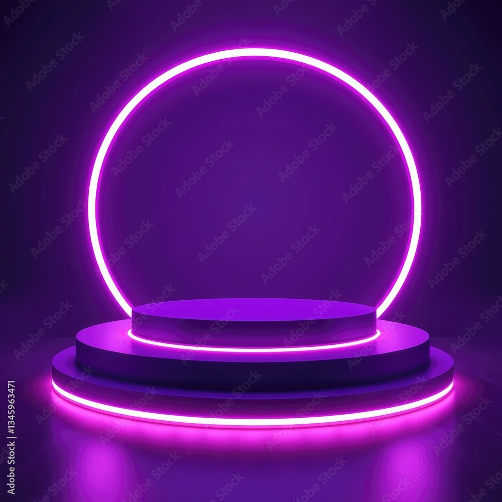 Purple Podium with Neon Circle Backdrop for Product Showcase or Display Purple Podium with Neon Circle Backdrop for Product Showcase or Display