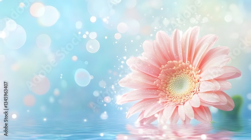 Pink gerbera flower reflecting on water surface with sparkling glitter effect
