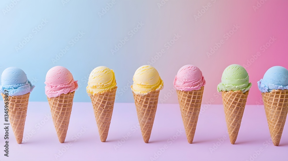 78. A vibrant arrangement of ice cream cones on a pastel gradient background with soft lighting 78. A vibrant arrangement of ice cream cones on a pastel gradient background with soft lighting