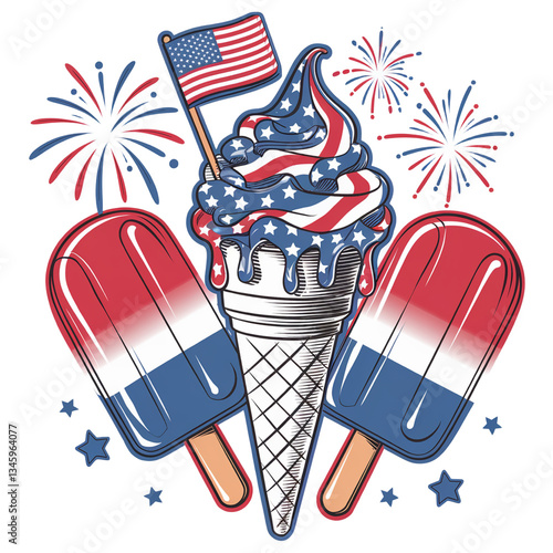 4th of July ice creams png sublimation design download, 4th of July png, Independence Day png, USA flag ice creams png