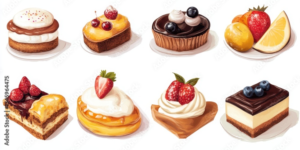 Artisan Cakes and Pastries: An assortment of exquisitely crafted cakes and pastries, each adorned with fresh fruit and decadent cream, arranged for a visual feast. Artisan Cakes and Pastries: An assortment of exquisitely crafted cakes and pastries, each adorned with fresh fruit and decadent cream, arranged for a visual feast.