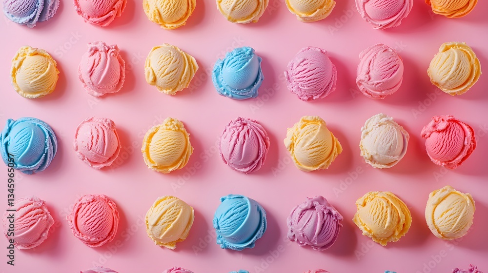 87. A vibrant display of colorful ice cream scoops arranged on a pastel pink surface 87. A vibrant display of colorful ice cream scoops arranged on a pastel pink surface