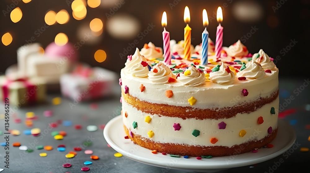 Delicious birthday cake with lit candles and sprinkles. Delicious birthday cake with lit candles and sprinkles.