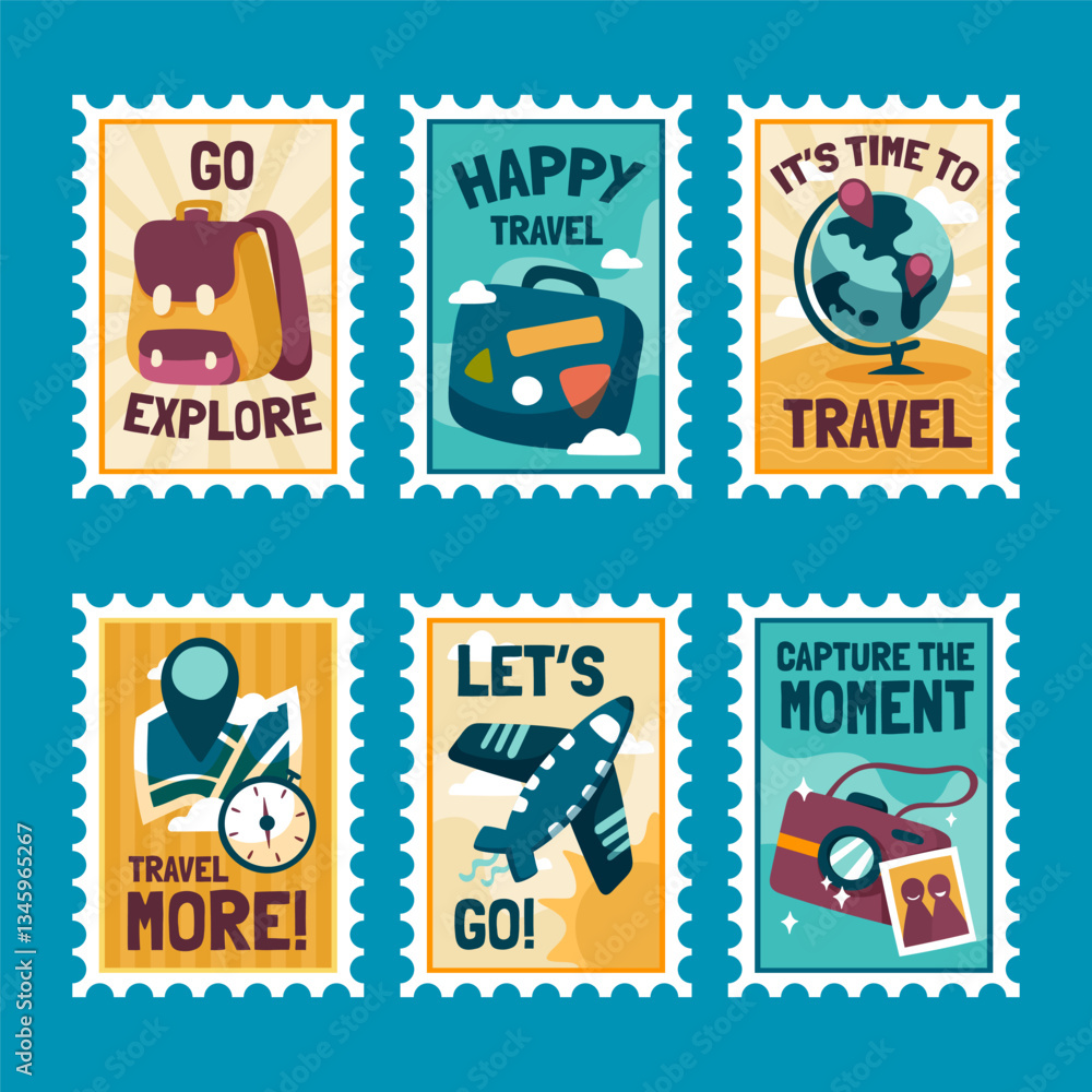 Naklejka premium Colorful Travel Stamps Set for Motivational Designs